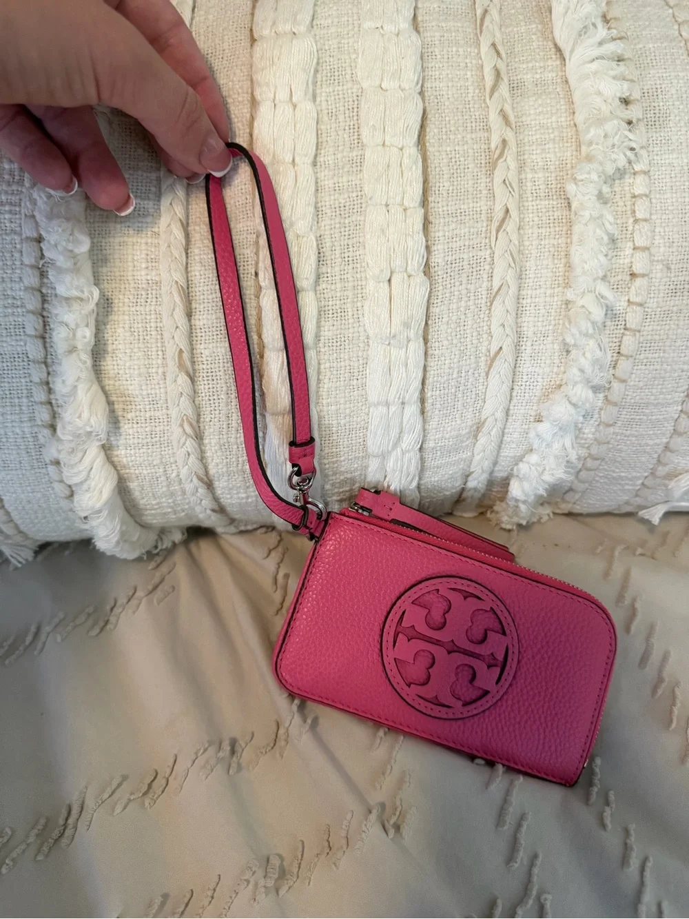 Tory Burch Hot Pink Pebbled Leather Wristlet with Logo